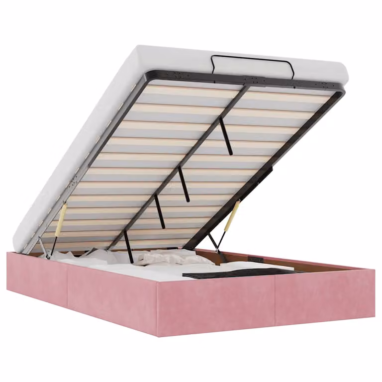 Estructura de cama otomana moderna vidaXL tapizada en terciopelo rosa con base abatible de 120 x 200 cm