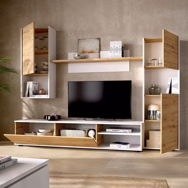 Mueble de salón modular DMORA con soporte para TV y estantería de pared, acabado roble salvaje y blanco, An/Al: 180 x 41 cm