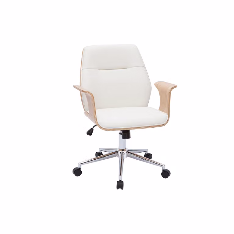 Silla de oficina giratoria moderna Miliboo en blanco y madera con reposabrazos y ruedas