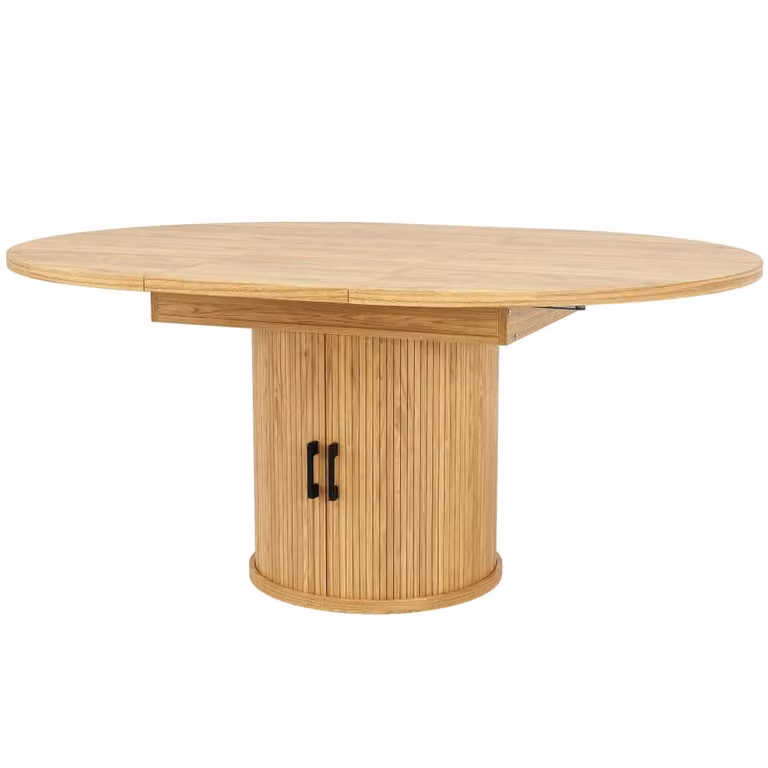 Mesa de comedor redonda extensible MODFU en color nogal con acabado mate, An/P/Al: 118 x 118 x 76,8 cm