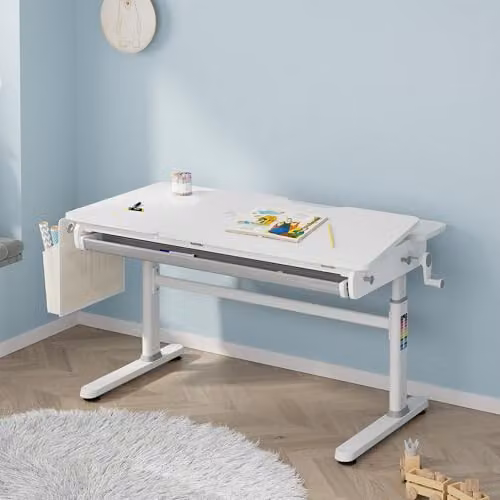 Mesa de escritorio infantil Kuosa de en.casa con tablero inclinable y altura regulable, color gris y blanco, An: 120 cm, P: 60 cm
