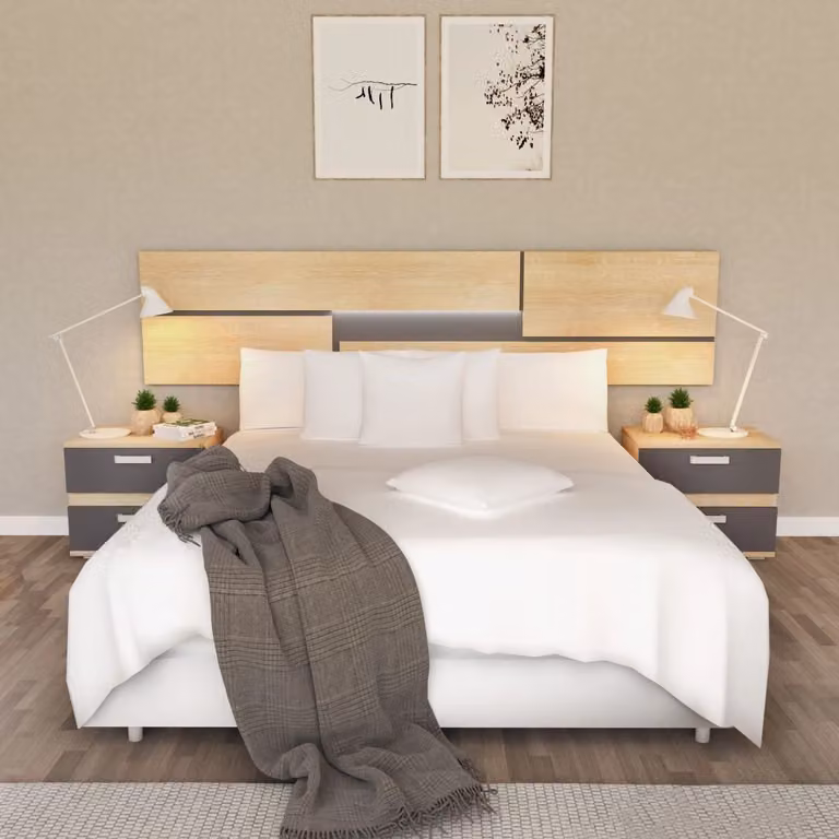 Cabecero Ataneq Pure de DUEHOME con 2 mesitas con cajones e iluminación integrada en color cambria y grafito An/P/Al: 260 x 60 x 40 cm
