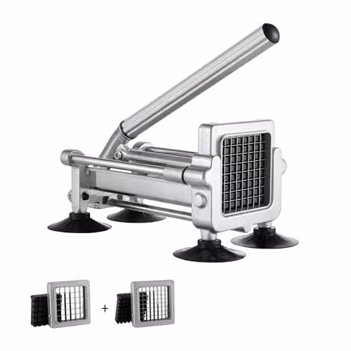 Cortadora de patatas manual VEVOR de acero inoxidable y aluminio fundido en color plata con cuchillas intercambiables y base antideslizante con ventosas