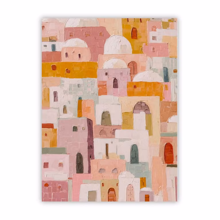 Poster Lab de casitas de colores con diseño geométrico de ciudad mediterránea, multicolor, 50 x 70 cm