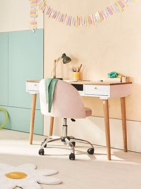 Silla de escritorio infantil VERTBAUDET en terciopelo rosa con ruedas y altura ajustable