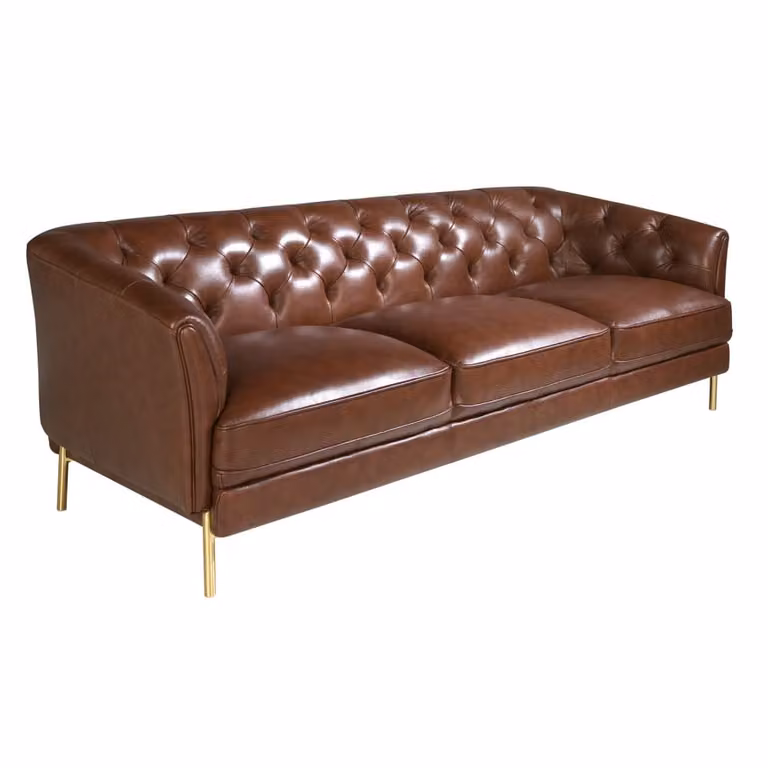 Sofá Chesterfield de 3 plazas Angel Cerdá S.L. en piel marrón y detalles dorados An/P/Al: 233 x 94 x 75 cm
