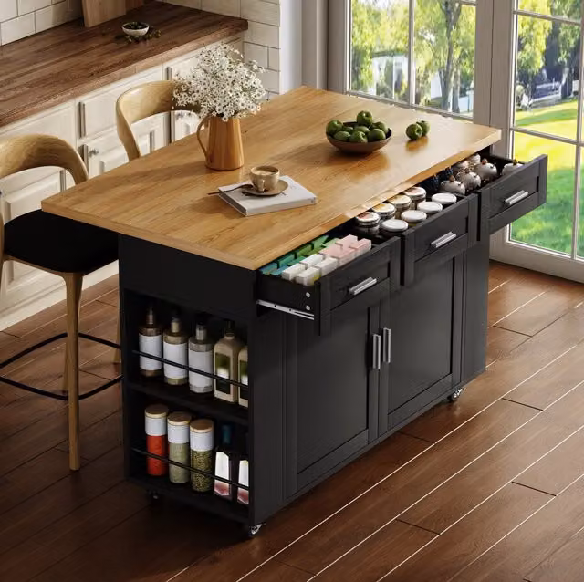 Isla de cocina móvil OKWISH con tablero abatible, 3 cajones, 2 puertas, enchufes y USB, en MDF negro y madera natural, An/P/Al: 120 x 45 x 84 cm