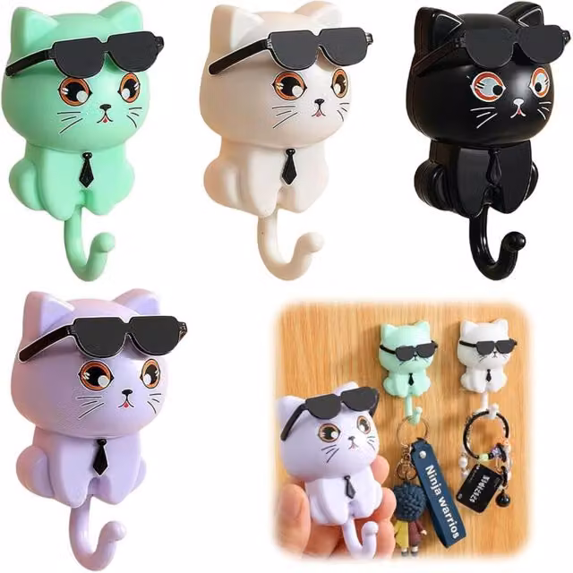 Juego de 4 ganchos adhesivos de pared con forma de gato con gafas de sol XISRENS en varios colores