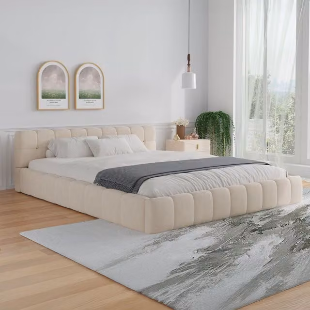 Cama moderna Concept Usine en terciopelo beige An/P: 140 x 190 cm