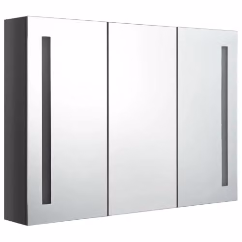 Armario de baño Helloshop26 con espejo LED y puertas de cristal, acabado gris brillante, An/P/Al: 89 x 14 x 62 cm