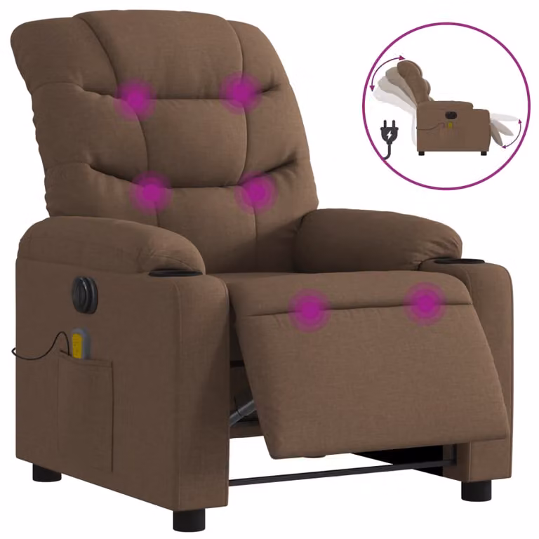 Sillón reclinable de masaje eléctrico Syfax en tela marrón con reposabrazos