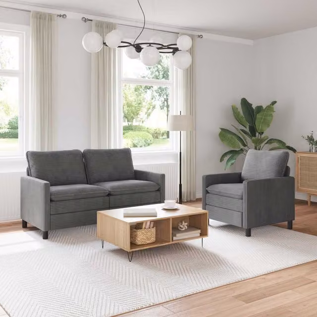 Juego de sofá de 2 piezas vidaXL con sillón, tapizado en tela gris y negro con estructura de metal y cojines incluidos para salón