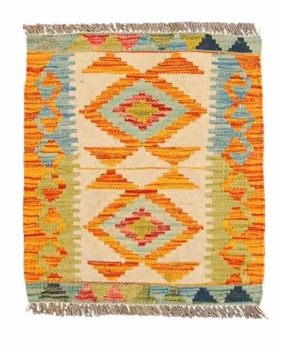 Kilim rústico multicolor hecho a mano de origen afgano por Galleriafarah1970, An/P: 58 x 43 cm