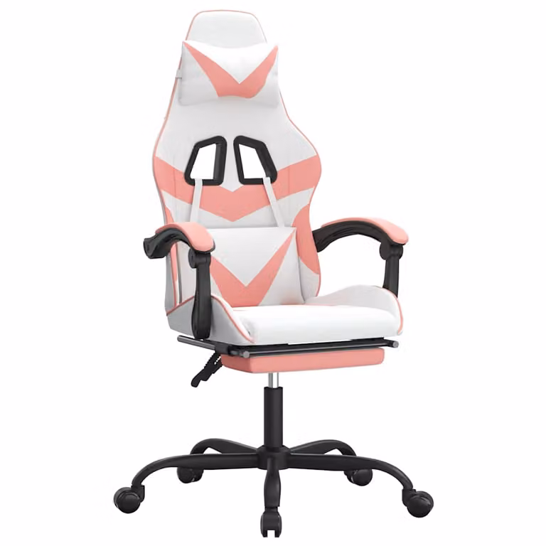 Silla gaming giratoria vidaXL con reposapiés y altura regulable en cuero sintético blanco y rosa