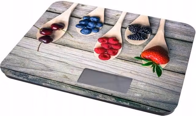 Balanza de cocina electrónica Orion con superficie de cristal multicolor y capacidad de 15 kg