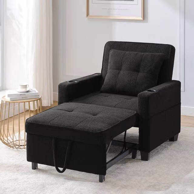 Sofá Cama Individual Extensible 3 en 1 Kellany con Puerto USB y Portavasos, Sillón Chaise Longue en Tejido Texturizado Negro