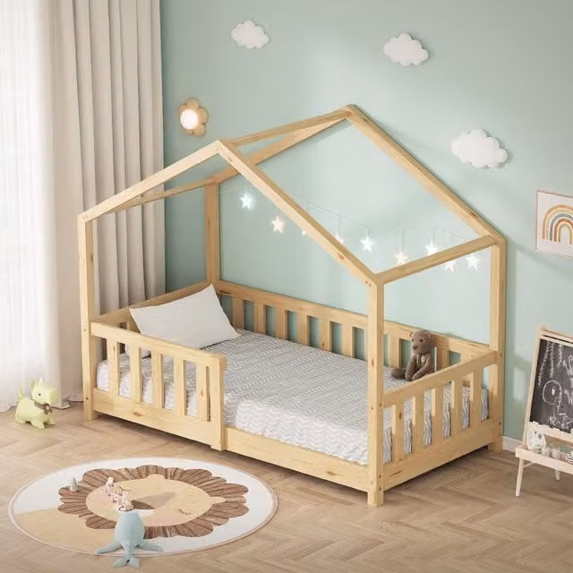 Cama infantil en forma de casa Ml-design de madera maciza de pino natural con somier de láminas, An/P/Al: 140 x 70 x 80 cm