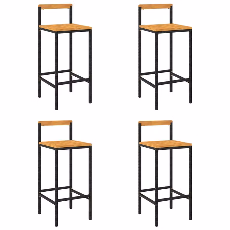 Set de 4 taburetes altos Syfax de madera de acacia y ratán sintético en colores negro y marrón con estructura de acero mate para cocina o jardín