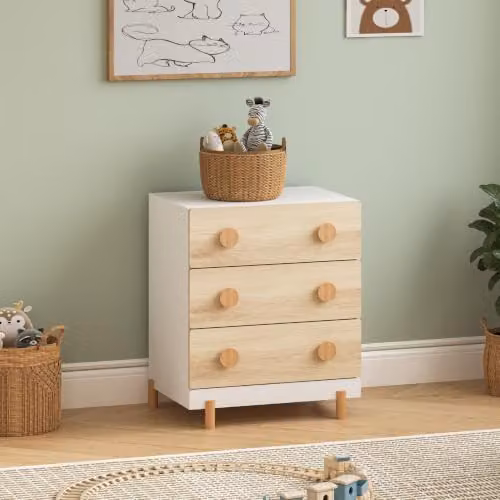 Cajonera infantil Vaarentaa de en.casa con 3 cajones en color blanco y roble, An/P/Al: 66 x 55 x 41 cm