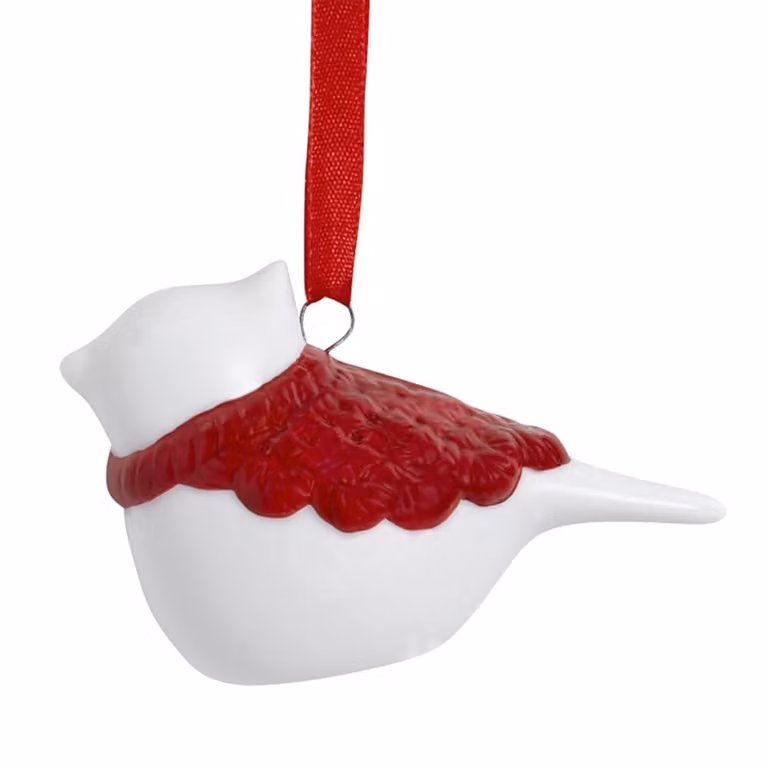 Colgante decorativo de Navidad Sia Deco con figura de pajarito en cerámica blanca y roja