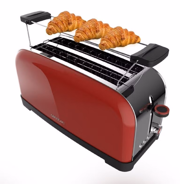 Tostador vertical Cecotec Toastin' Time 1500 en color rojo con acabado en acero inoxidable y apagado automático