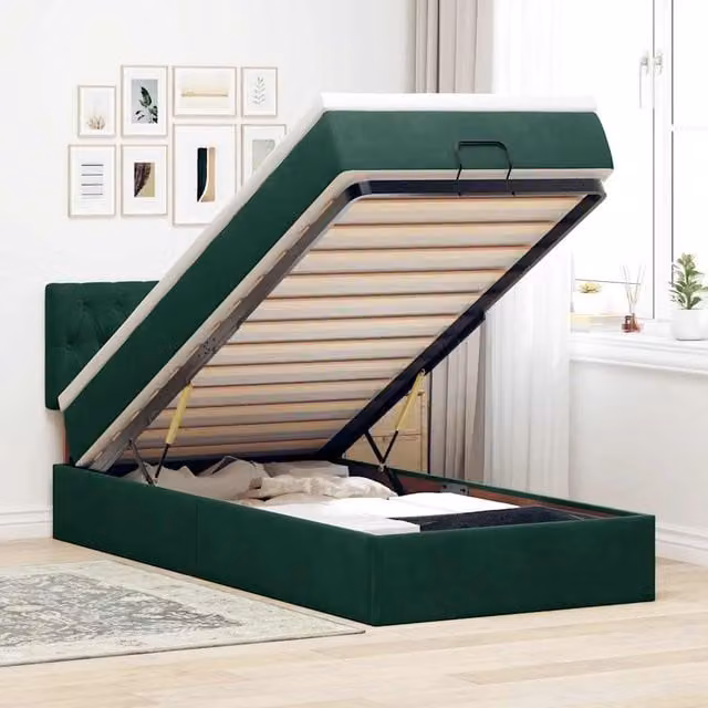 Estructura de cama otomana con colchón Maison Exclusive en terciopelo verde oscuro, An/P/Al: 140 x 80 x 203 cm