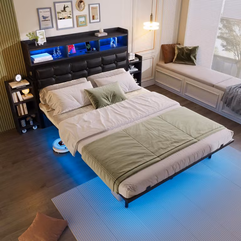 Cama infantil MODFU de matrimonio con iluminación LED, compartimentos de almacenamiento, mesita de noche extraíble y puertos USB y Type-C, color gris, An/P: 140 x 190 cm