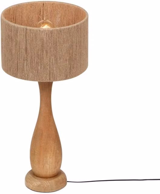 Lámpara de mesa boho Trio Leuchten con base de madera y pantalla de ratán en color beige