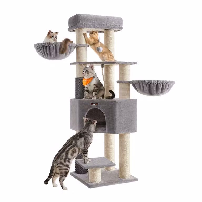 Árbol para gatos Feandrea con cueva, juguetes integrados y cuerda de sisal, gris y blanco, An/P/Al: 50 x 50 x 160 cm