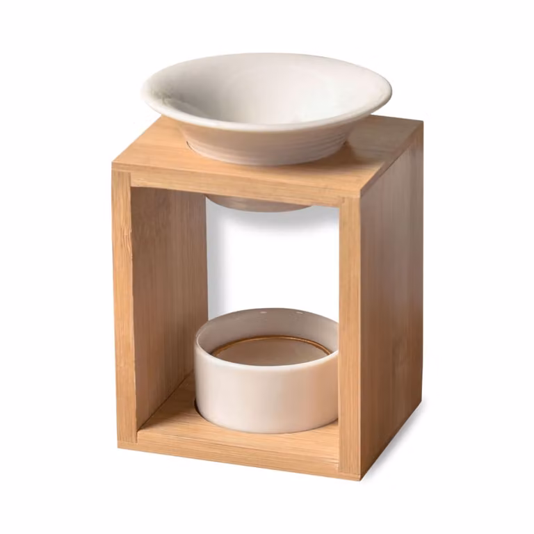 Quemador de perfume Arina Zen'Arome de madera y cerámica blanca con cuenco de bambú, difusor de aceites esenciales y porta vela para aromaterapia, Altura: 12 cm