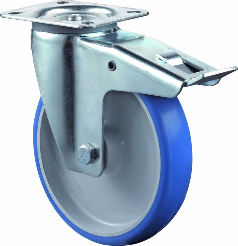Rueda giratoria con freno total Bs Rollen de poliuretano azul, capacidad de carga 125 kg, diámetro 80 mm, placa de montaje 104 x 80 mm - L420.B36.080