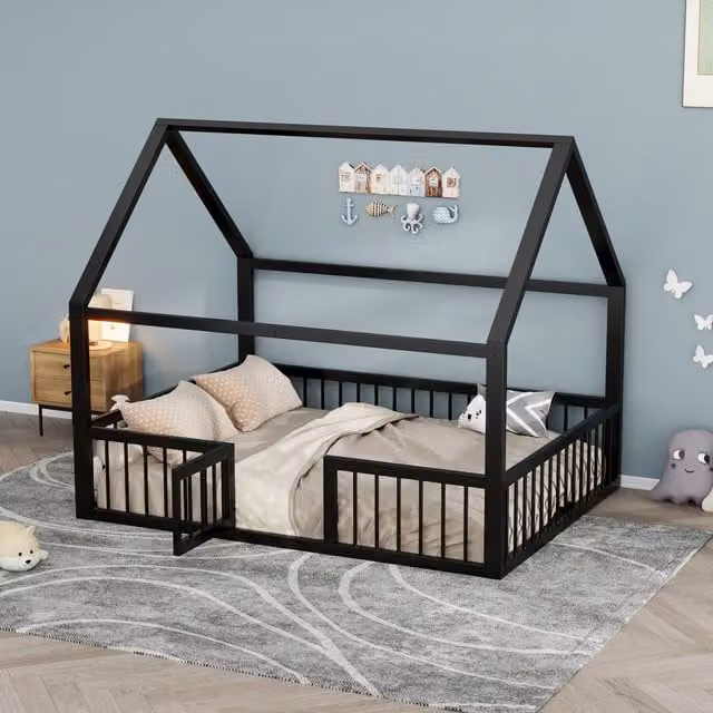 Cama Casita Doble MODENVIE de Metal con Área de Juego y Barandilla, Negro, An/P/Al: 140 x 200 x 103,4 cm