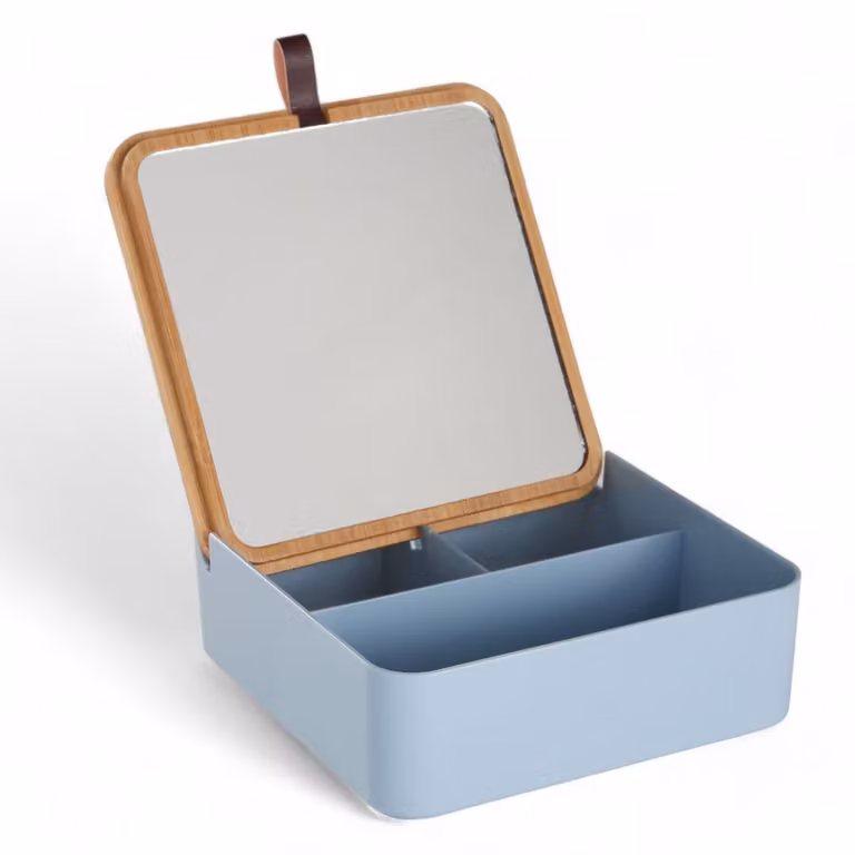 Caja de joyas cuadrada de bambú azul con espejo de Conforama, An: 14 cm