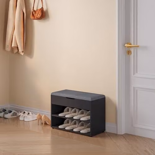 Banco de zapatos Gentofte en negro y gris de en.casa con cojín de tela y compartimento de almacenamiento en MDF, An/P/Al: 46 x 60 x 30 cm
