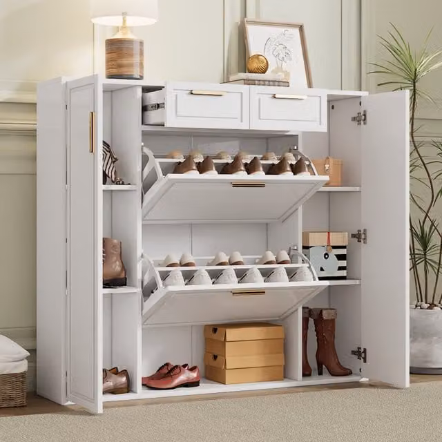Zapatero Moderno Kellany Blanco con Tiradores Dorados, 2 Cajones y Compartimentos Abatibles, An: 120 cm, P: 24 cm, Al: 107 cm