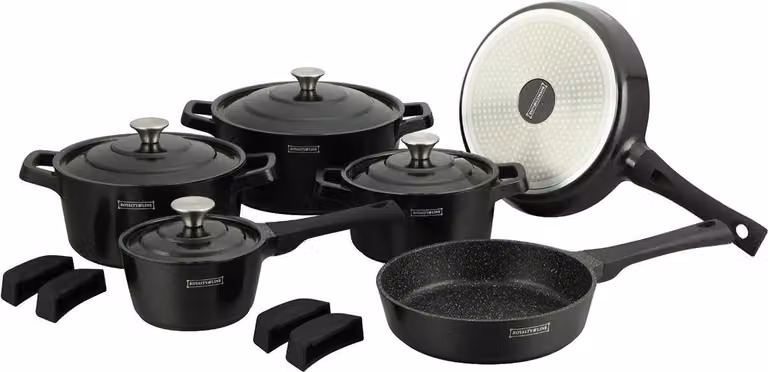 Set de cocina Royalty Line de 17 piezas con antiadherente y tapa en color negro