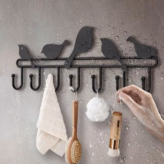 Perchero de pared XISRENS con 7 ganchos en forma de pájaro de metal en color negro mate para baño, dormitorio o pasillo