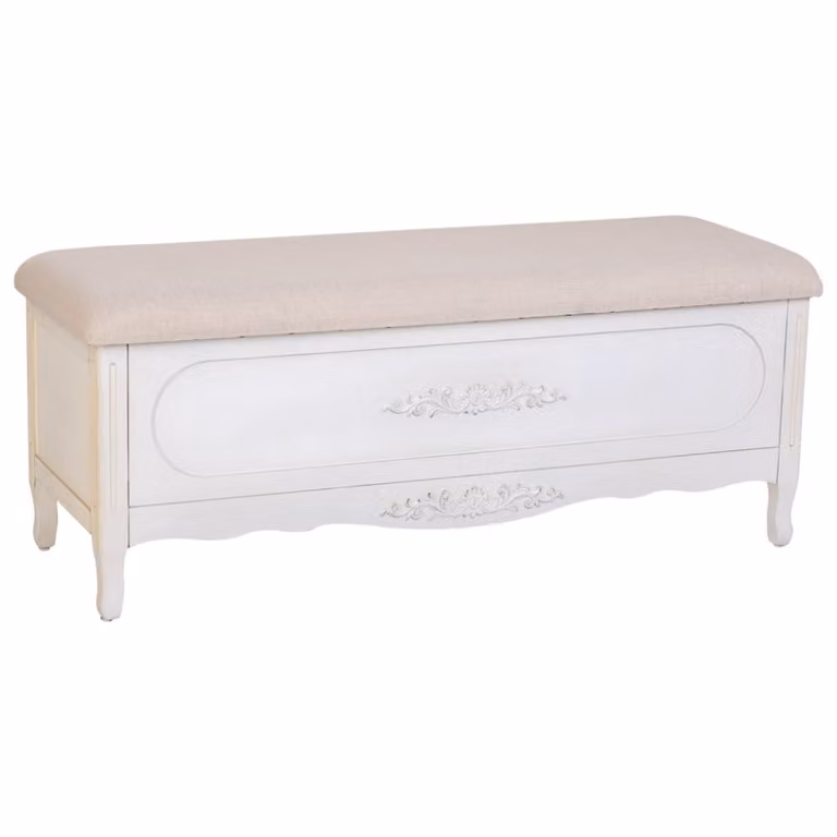 Banqueta de madera de abeto lacada en blanco con asiento acolchado de tela Wanderlust An/P/Al: 120 x 43 x 48 cm