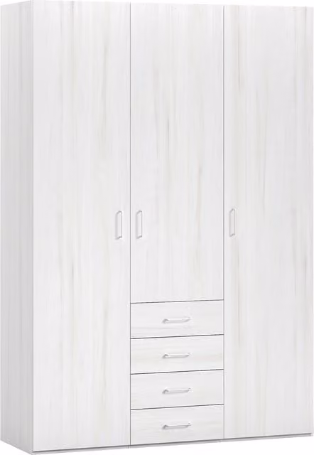 Armario Noel de El Corte Inglés con 3 puertas batientes, 4 cajones y estantes en color beige y blanco