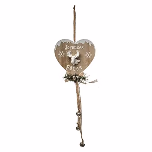 Campana de Renos con Forma de Corazón de FEERIC LIGHTS & CHRISTMAS en Madera Marrón de Estilo Rústico para Colgar