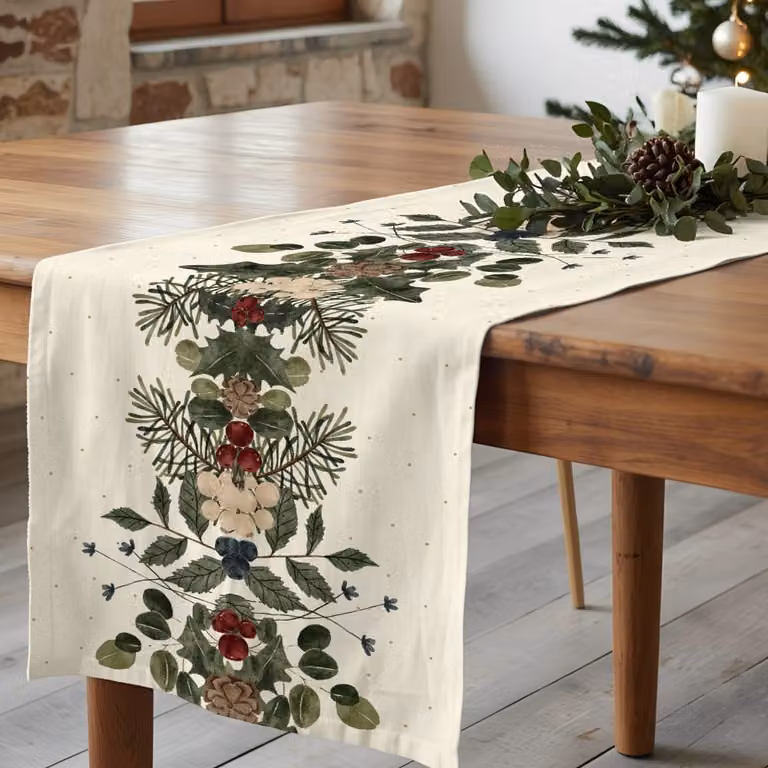 Camino de mesa navideño floral multicolor Muare Home de algodón, An/P: 150 x 55 cm