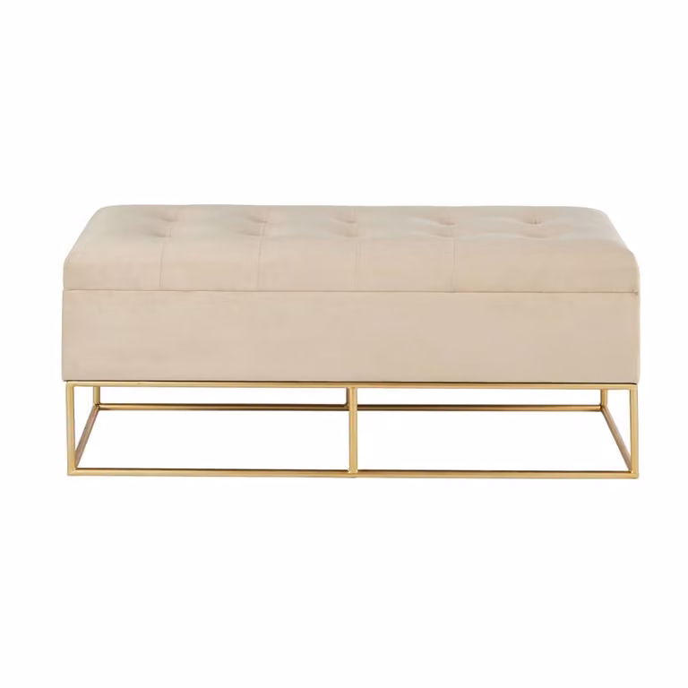 Banco baúl de estilo glamour Maison du Monde en color beige y dorado con estructura de metal y tapizado de tela