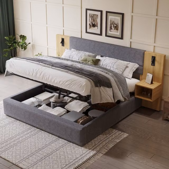 Cama Doble con Arcón MODENVIE en Terciopelo Gris y Madera con Iluminación, Puertos USB y Tipo C, Incluye 2 Mesitas de Noche, An/P: 160 x 200 cm
