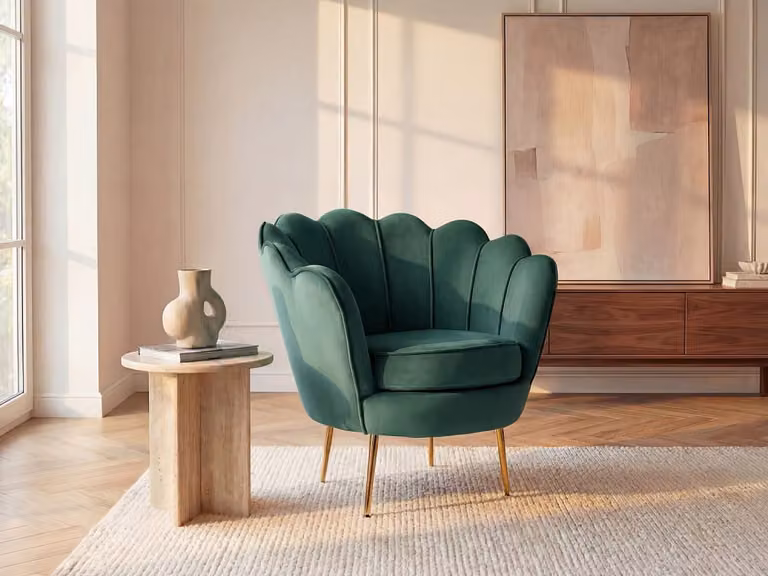 Sillón de terciopelo Dandelion de Vente-Unique en color verde y detalles dorados con estructura de metal y estilo art deco
