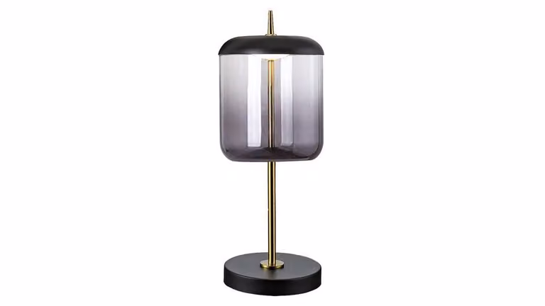 Lámpara de mesa LED Rabalux Delice en metal y vidrio color negro y dorado con pantallas de vidrio transparente