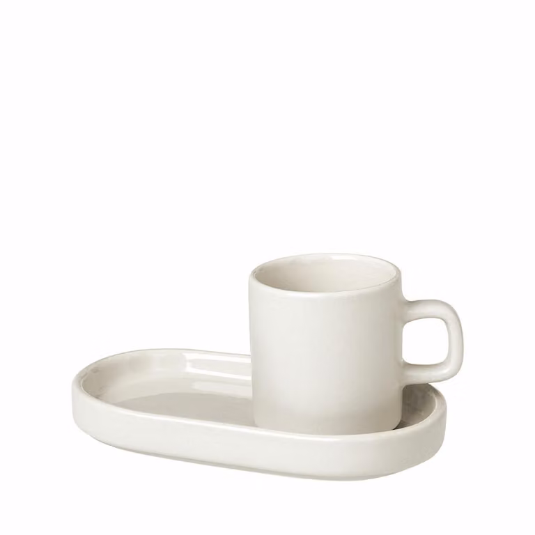Juego de 2 tazas de espresso con platillos Pilar de Blomus en cerámica color beige y blanco