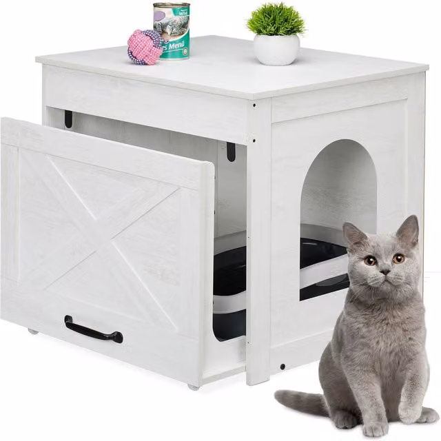 Armario para caja de arena para gatos NORTHIX con alfombrilla de rascado y cajón, color blanco y multicolor