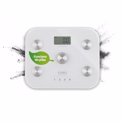 Báscula de baño digital Caso Body Energy Fit en color blanco con plataforma de vidrio, medición de masa ósea, porcentaje de agua y grasa corporal, capacidad de 150 kg y pantalla digital