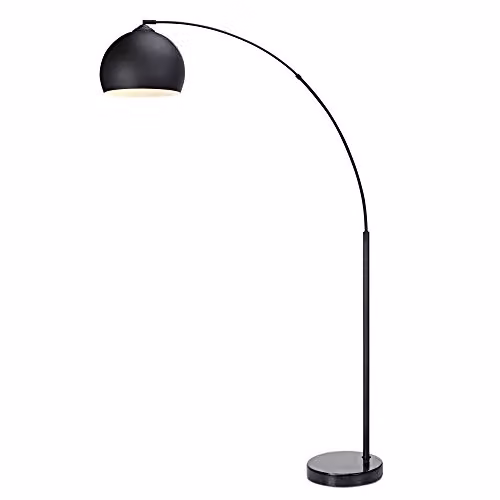 Lámpara de pie LED de arco Versanora con base de mármol y acabado cromado y negro