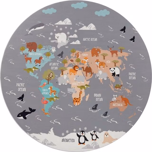Alfombra infantil Bini gris y multicolor con diseño de animal, forma redonda, Diámetro: 160 cm